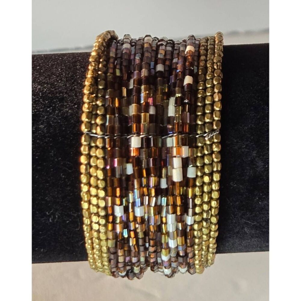 Pretty Wide Brown & Gold Beads Memory Wire Cuff Bracelet